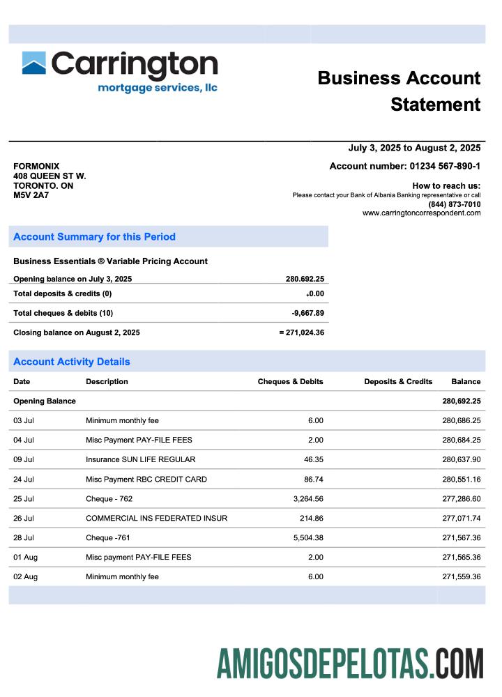 Imprimível EUA Carrington Mortgage Services Business Checking modelo de extrato de conta Word e PDF
